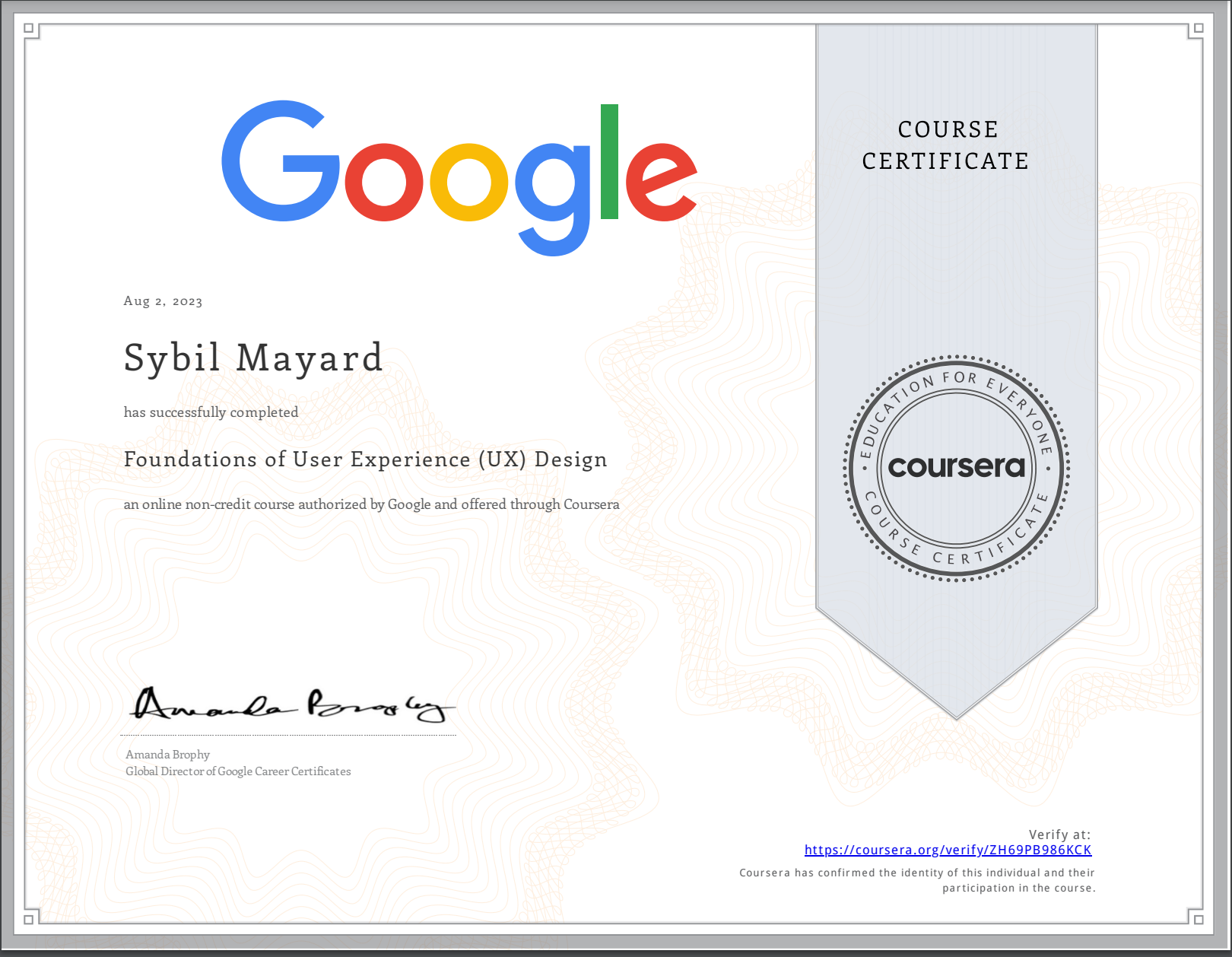 Coursera Google Foundations of User Experience (UX) Design certificate