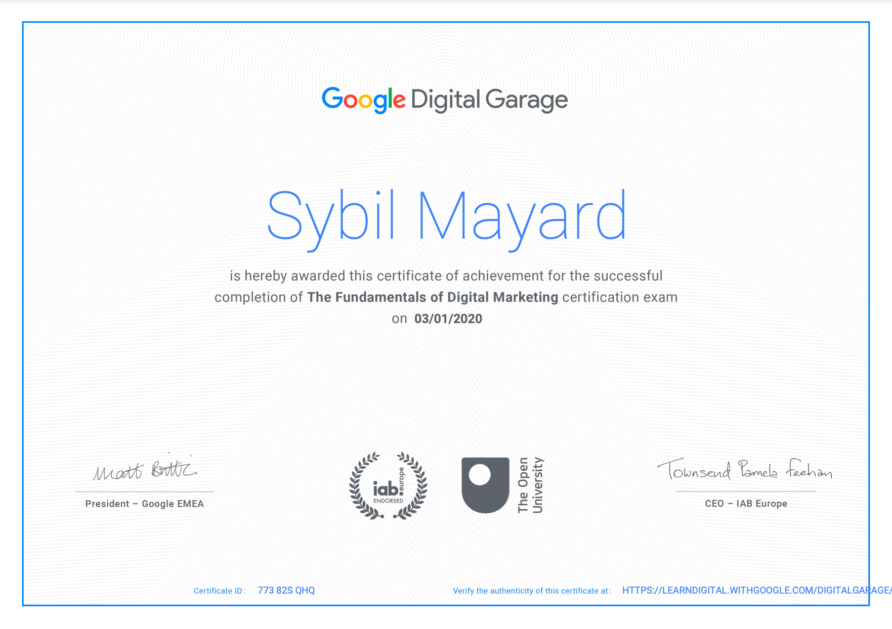 Google Digital Garage The Fundamentals of Digital Marketing certificate