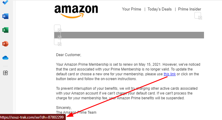 Phishing email appearing to be from Amazon