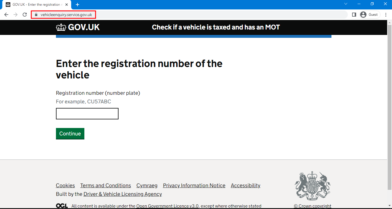 Vehicle enquiry service on gov.uk website