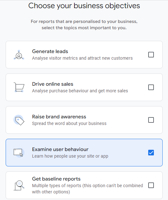 Google Analytics choose your business objectives