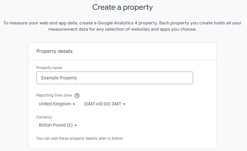 Google Analytics create a property