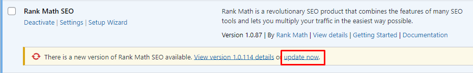 A screenshot of the Rank Math SEO plugin in WordPress with update available
