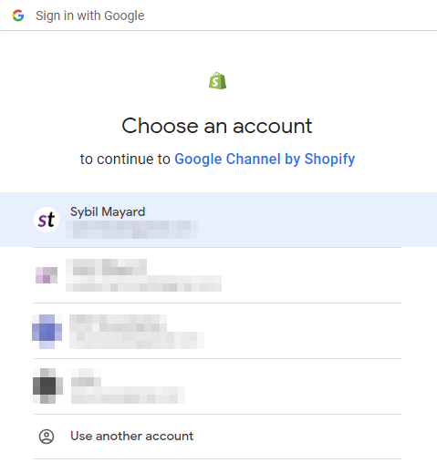 Choose an account to continue to Google Channel by Shopify