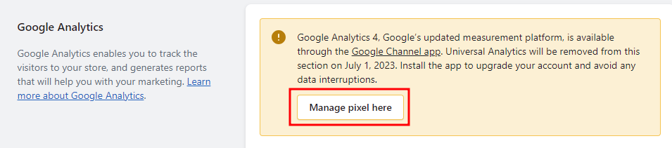 Shopify Google Analytics manage pixel here