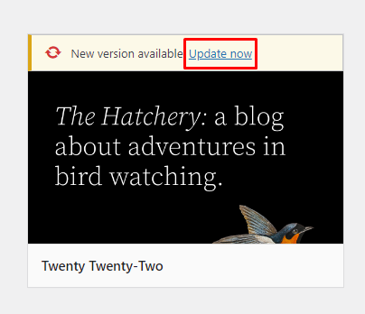 A screenshot of the Twenty Twenty-Two WordPress theme with update available