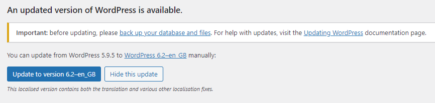 A screenshot showing that an updated version of WordPress is available