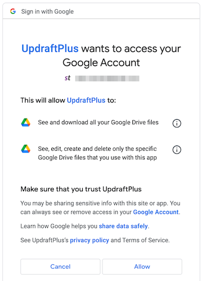 UpdraftPlus wants to access your Google 