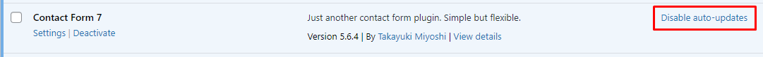 A screenshot of the Contact Form 7 plugin in WordPress with auto-updates emnabled