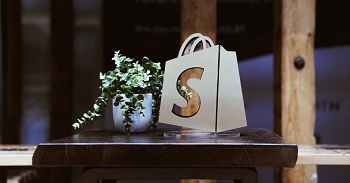 Shopify logo in window with plant