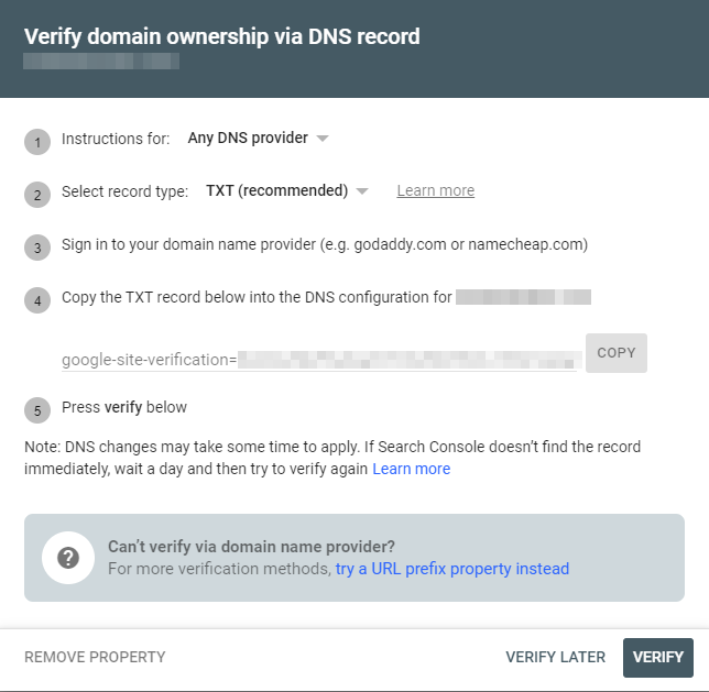 Verify domain ownership via DNS record